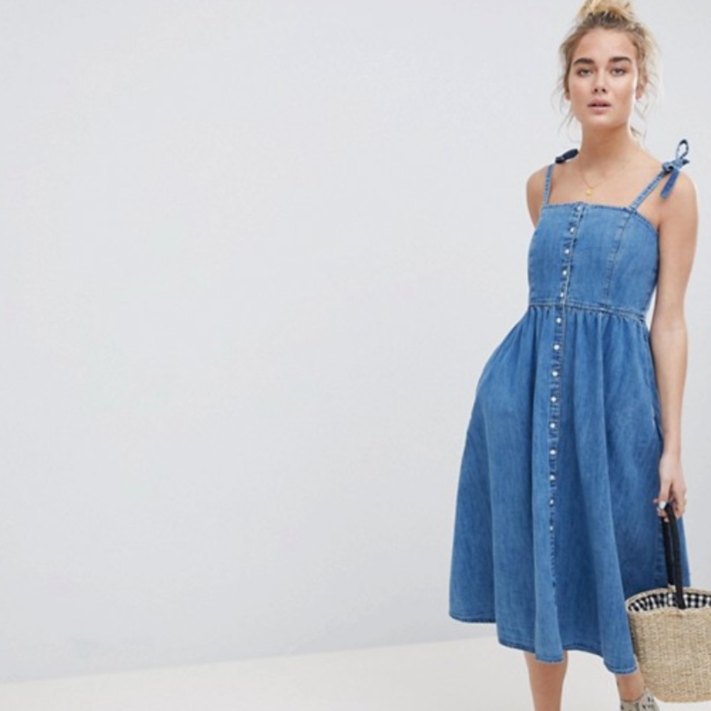 ASOS denim button midi dress bow straps plus  12